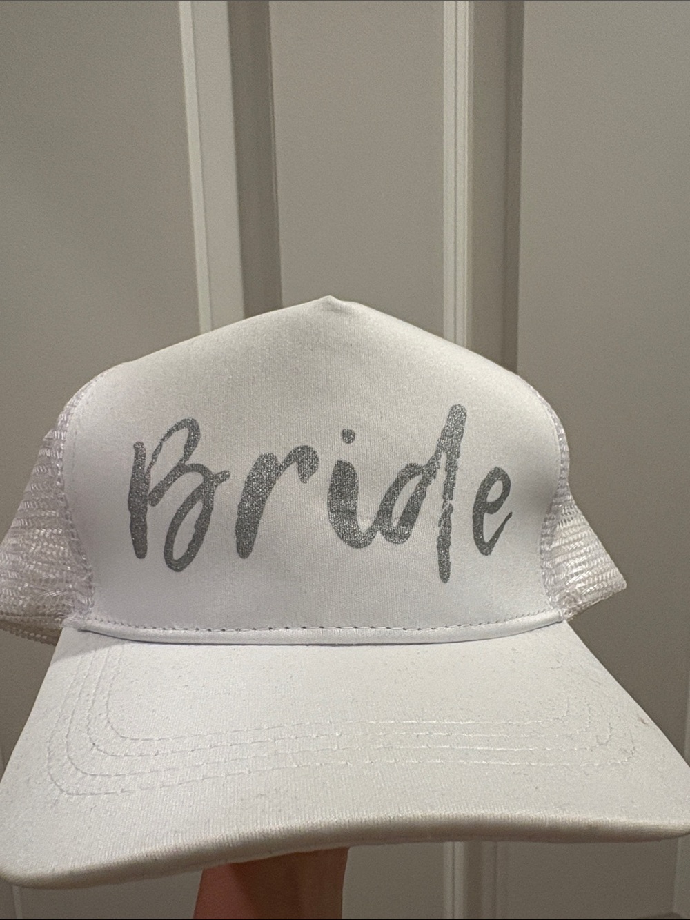 Bride Glitter Script Trucker Hat - White
